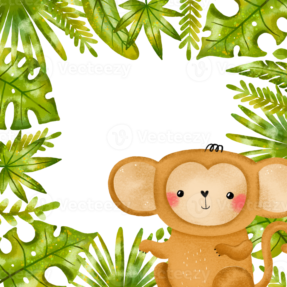 Square border frame with monkey and jungle leaves, branches. Rainforest. Birthday card invitation. Hand drawn on isolated background png