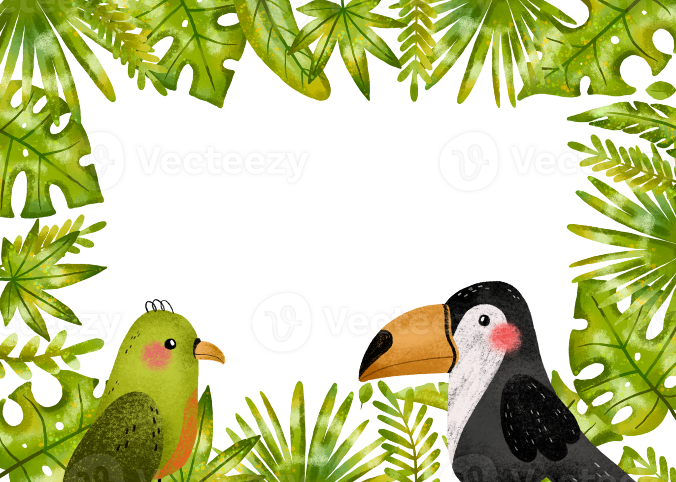 Horizontal border frame with parrot, toucan and jungle leaves, branches. Rainforest. Birthday card invitation. Hand drawn on isolated background png