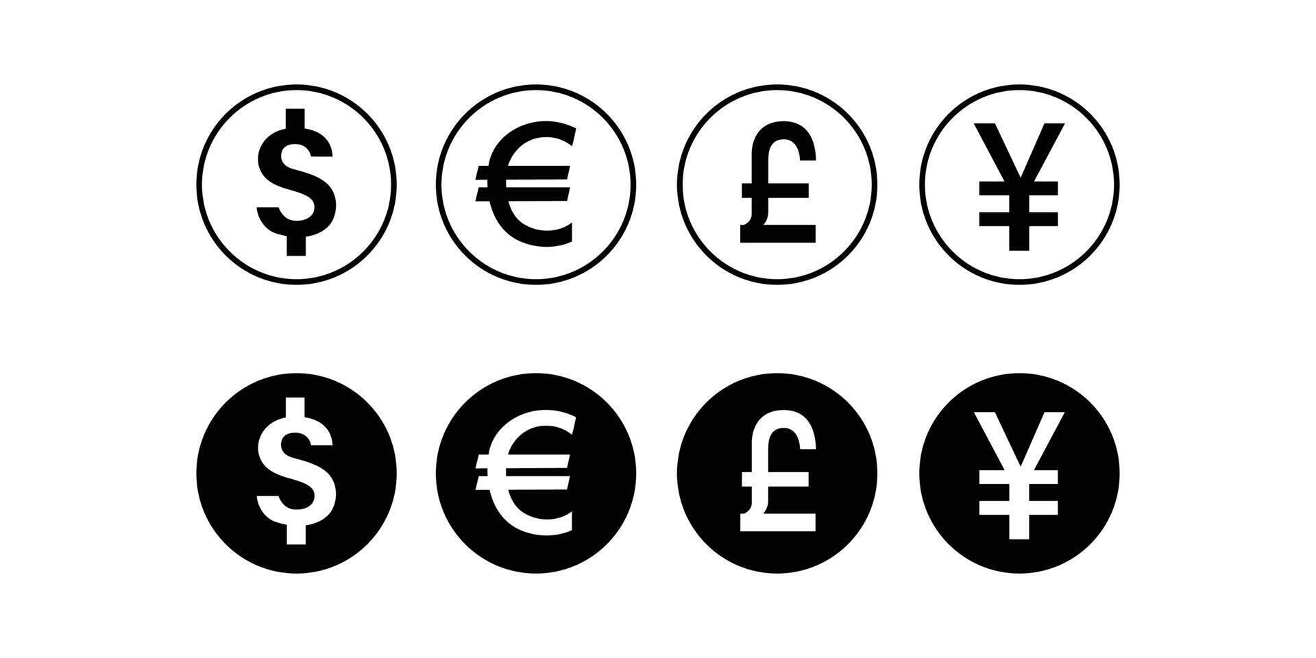 Set of common currency signs. dollar, euro, pound, and yen vector