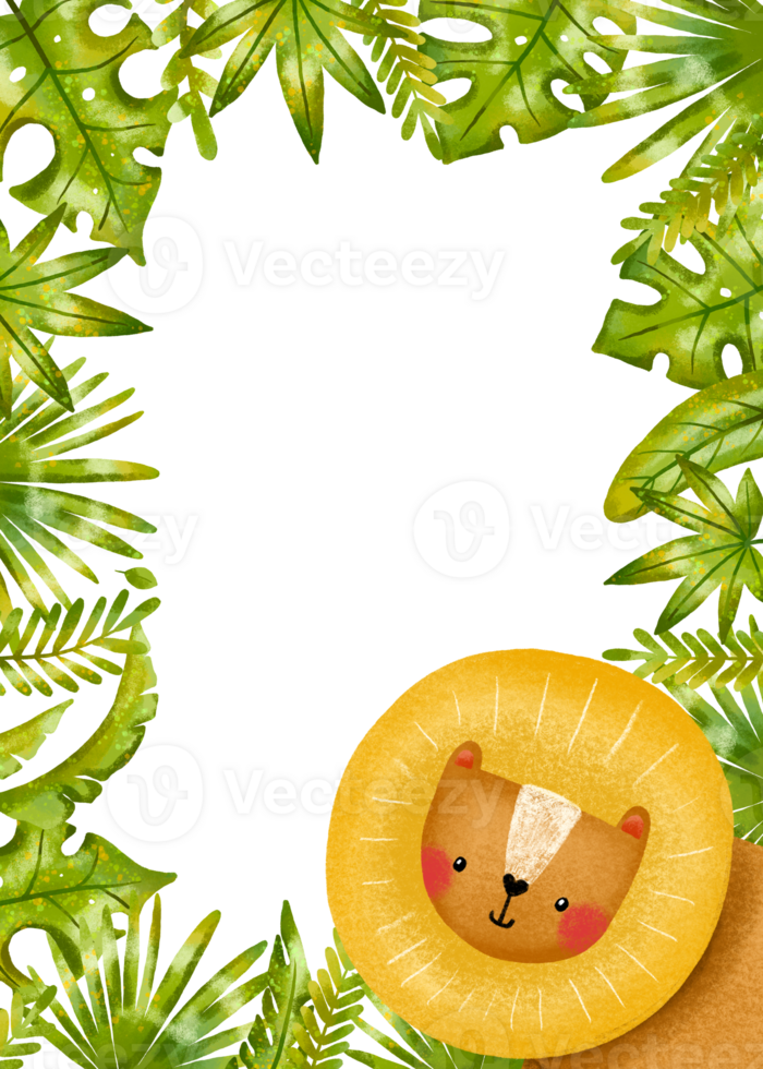 Vertical border frame with cartoon lion jungle leaves, branches. Rainforest. Birthday card invitation. Hand drawn on isolated background png