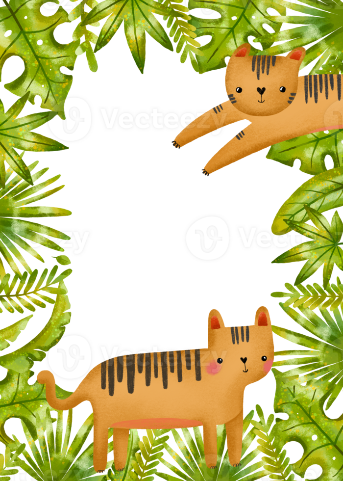 Vertical border frame with tigers and jungle leaves, branches. Rainforest. Savanna Birthday card invitation. Hand drawn on isolated background png