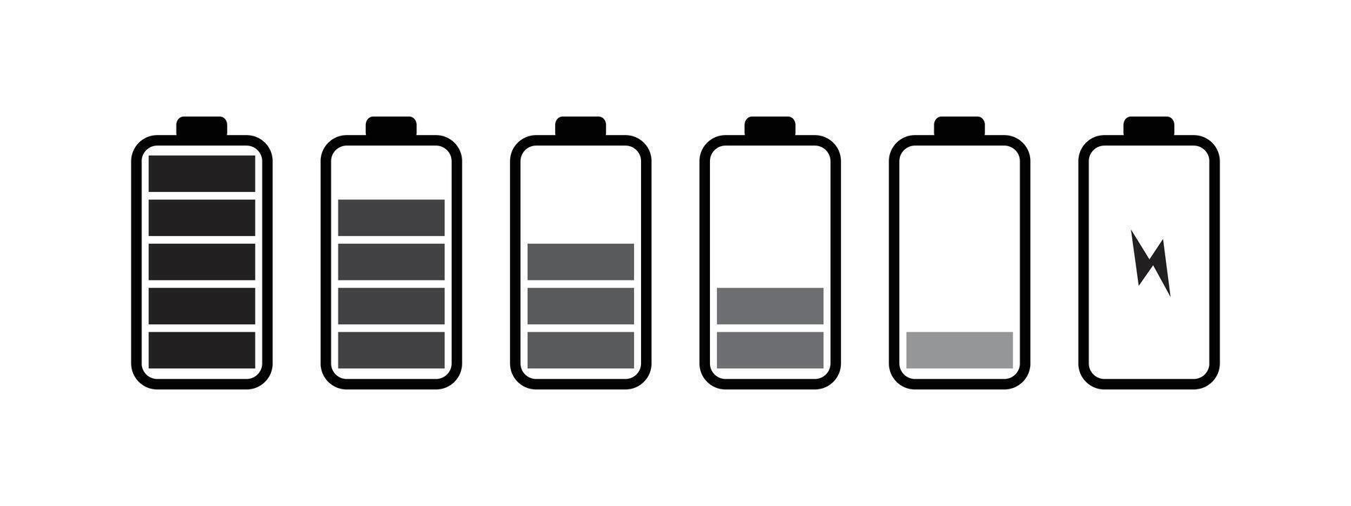 Battery icon set. low to full battery level status indicator with charging vector