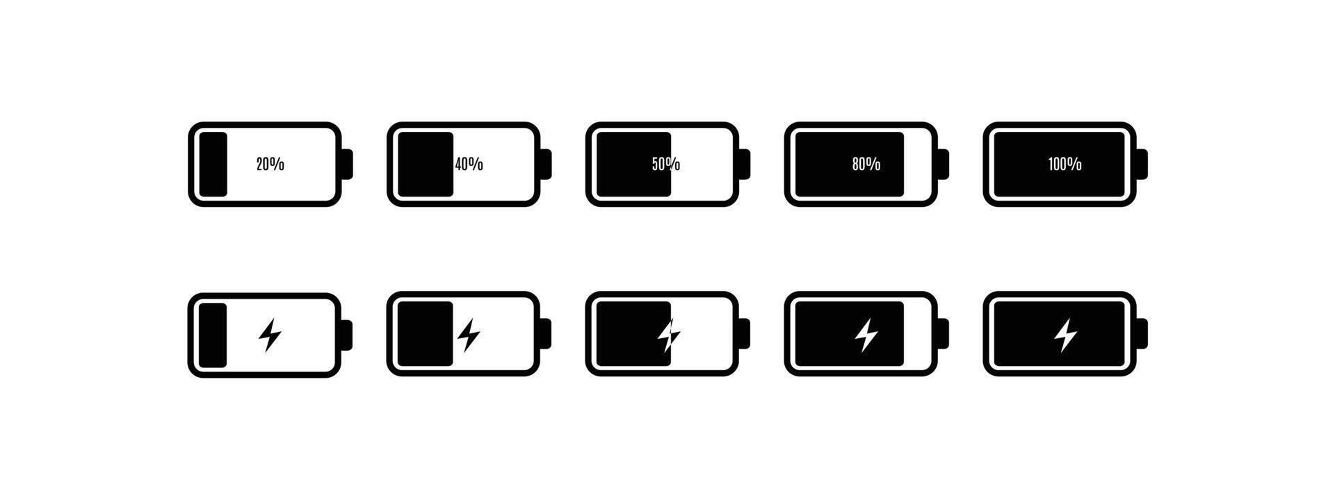 Battery icon set. low to full battery level status indicator with charging symbol for mobile app vector