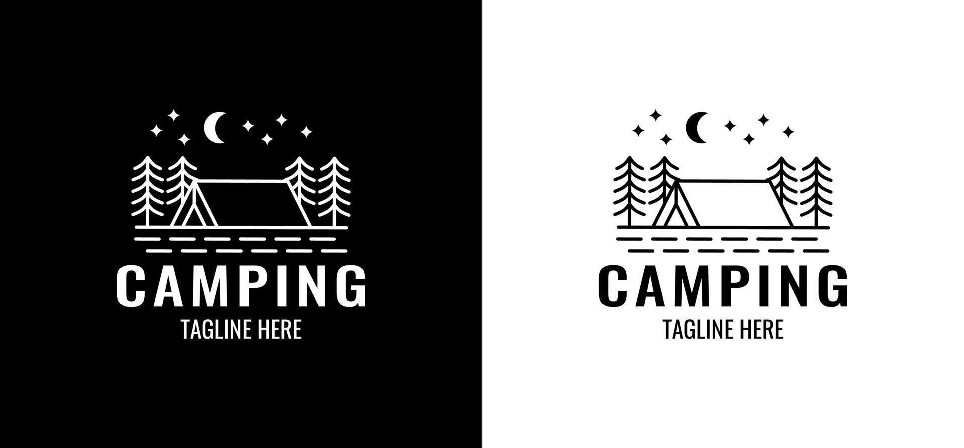 Minimalist camping line art logo with tent, pine trees, river, crescent moon and stars elements. Illustration camping logo design vector