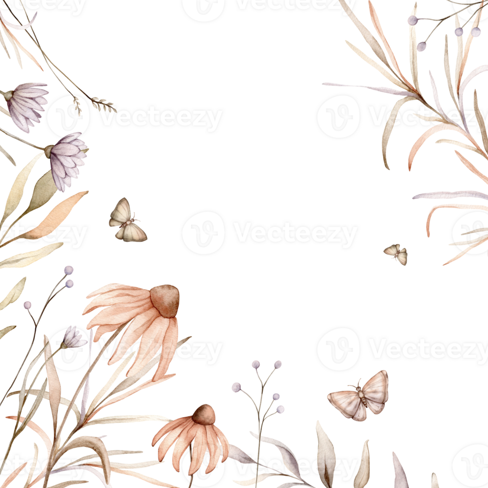 Square Frame with pastel color autumn fantasy botanical and butterflys. Watercolor hand painting illustration on isolated background. Banner of flowers with herbs and dried branches. png