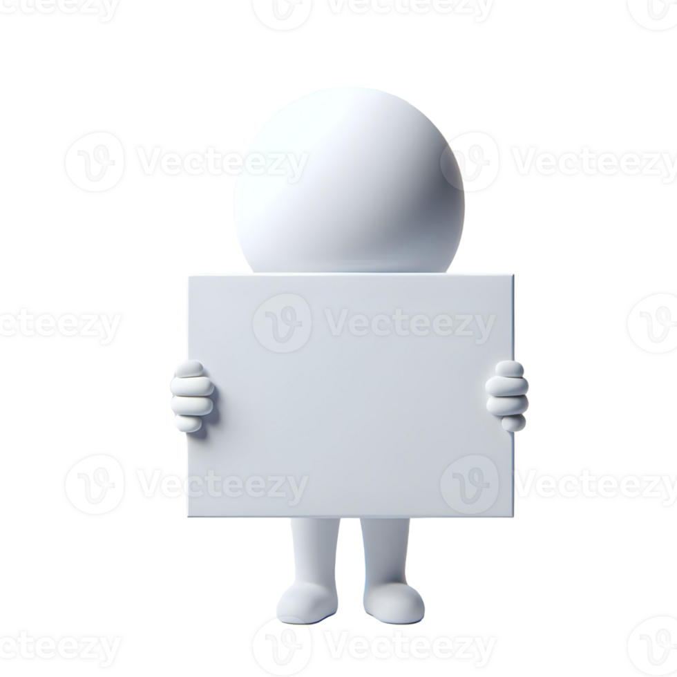 White 3D Character Holding Blank Sign Empty Board Paper Isolated Transparent Background png