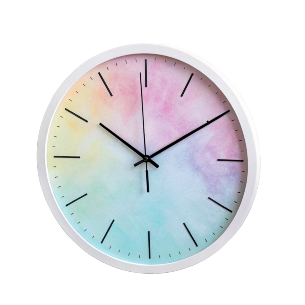 White Round Clock with Rainbow Watercolor Face. png