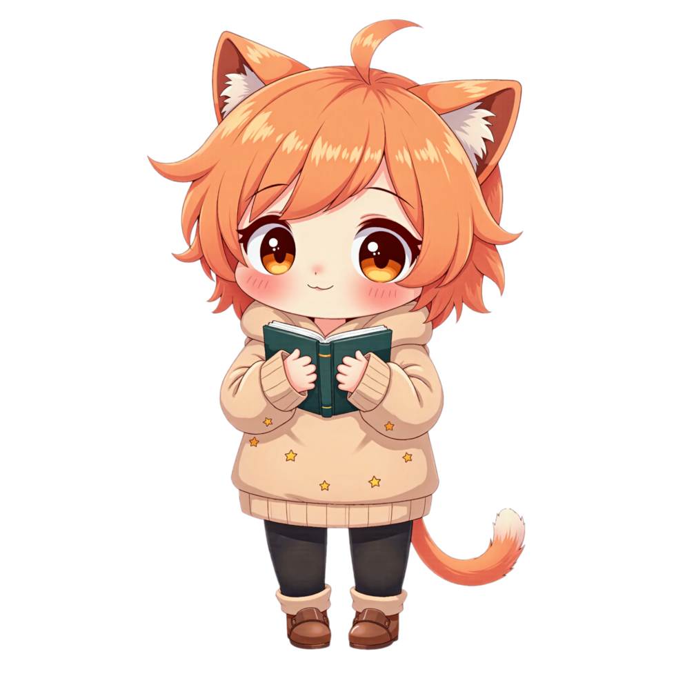 Chibi Cat Boy Reading a Book png
