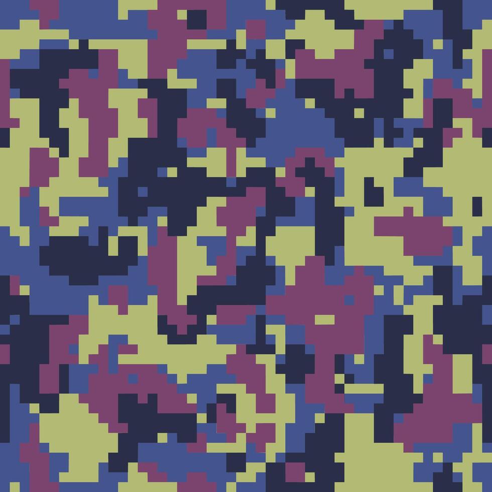 Camouflage texture blue, green and purple color seamless background. Fashion digital pixel camo pattern vector