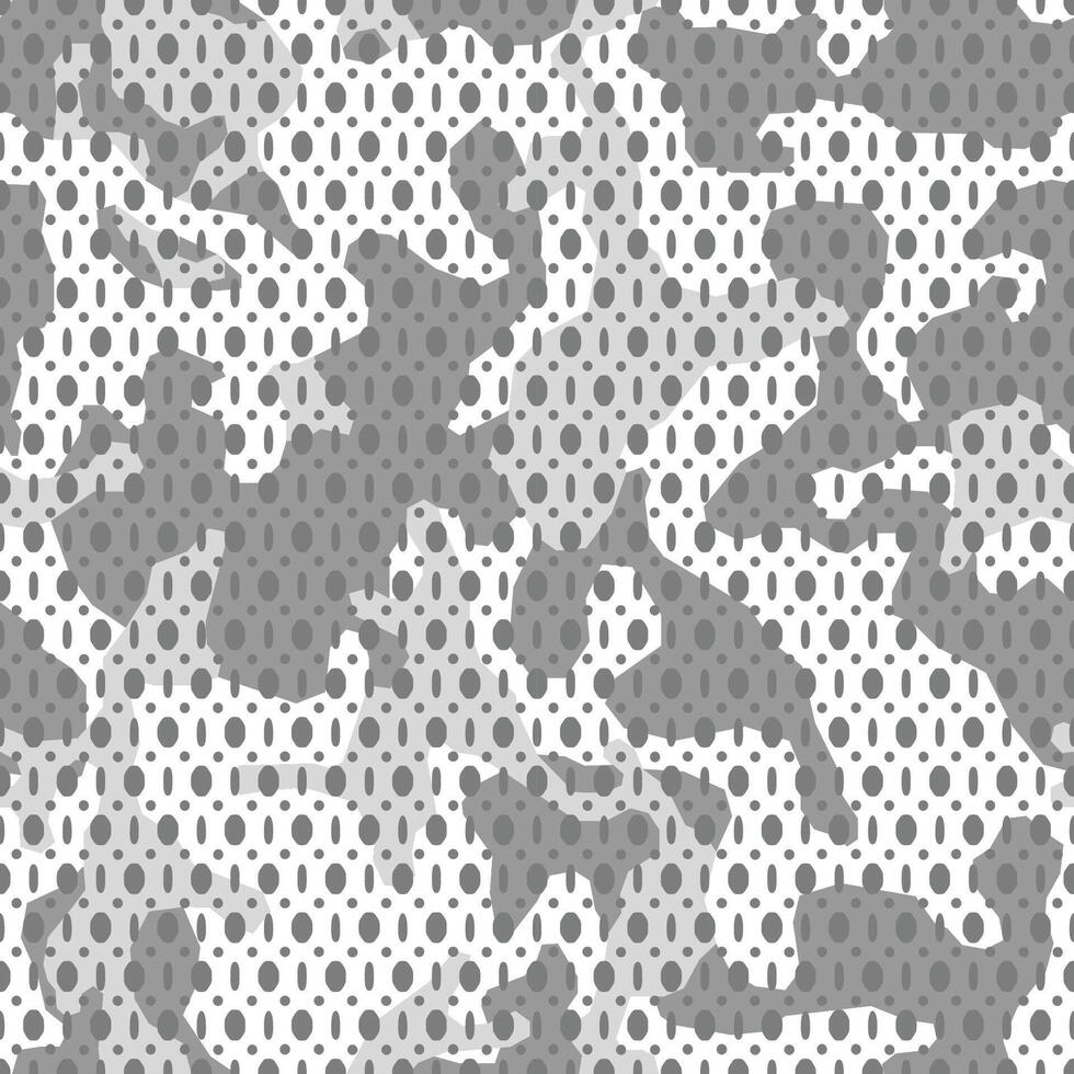 White monochrome camouflage seamless mesh pattern. Camo design for t-shirt. Military fabric texture with holes. Army clothing vector