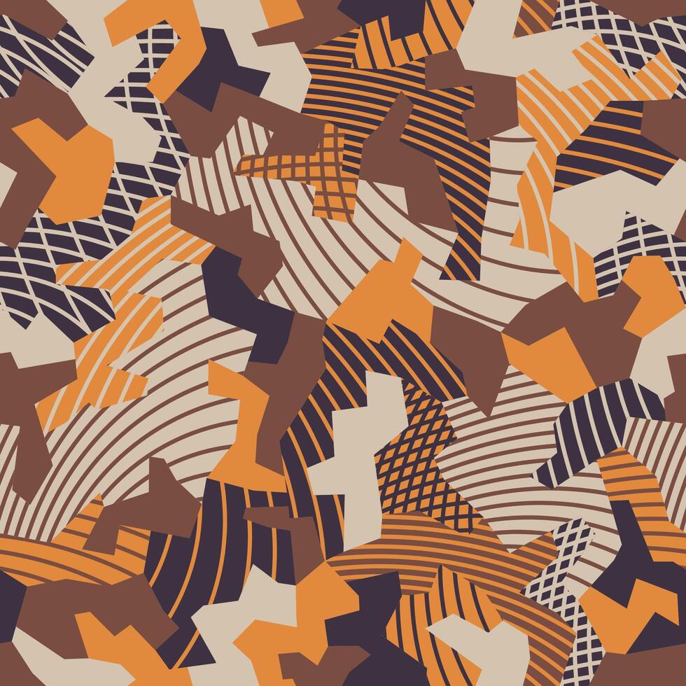 Patchwork sewing, camouflage background. Radio waves, striped radial pattern. Urban clothing style. Geometric camo repeat print. Orange, brown, colors texture. Seamless wallpaper vector