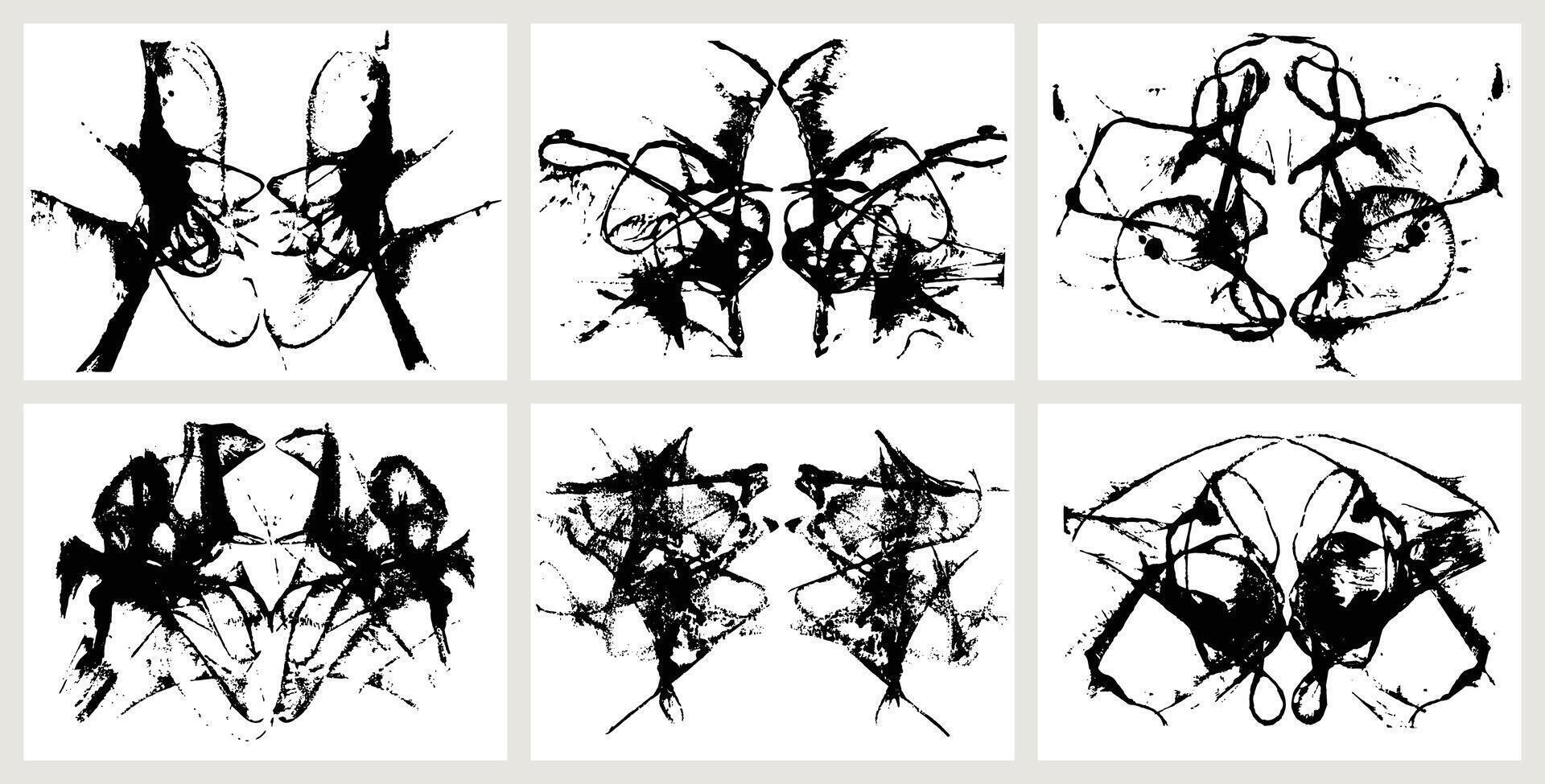 Ink blot for psychiatric evaluations. Rorschach test, black silhouette shapes. Set of grunge abstract black spots, droplets, smudges, stains and splashes vector