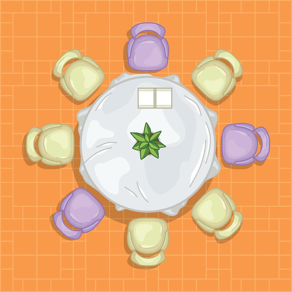 Top view of a round table with a white tablecloth and eight chairs. Kitchen table for the floor plan vector