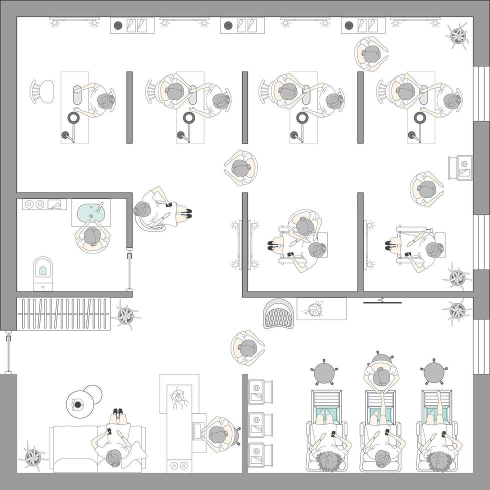 Nail salon interior design. Project of beauty salon. Woman at manicure salon in top view. Spa Center with barbershop vector