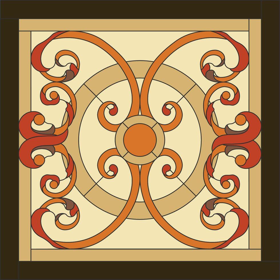 Ceiling panels stained glass window. Abstract flower, swirls and leaves in square frame, geometric ornament, symmetric composition, tiffany technique, classic style vector