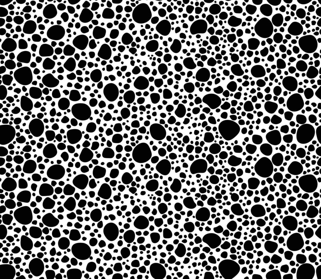 Geometric seamless pattern with black polka dots of small and large scale. Monochrome texture with scattered, random circles shapes. Black and white hand drawn dots. Bubble background vector