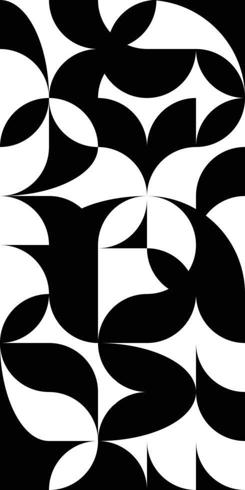 Abstract geometric round shapes wallpaper. Black and white Bauhaus style composition. Petals and leaves pattern, simple shapes create stylization images. Retro poster or cover vector