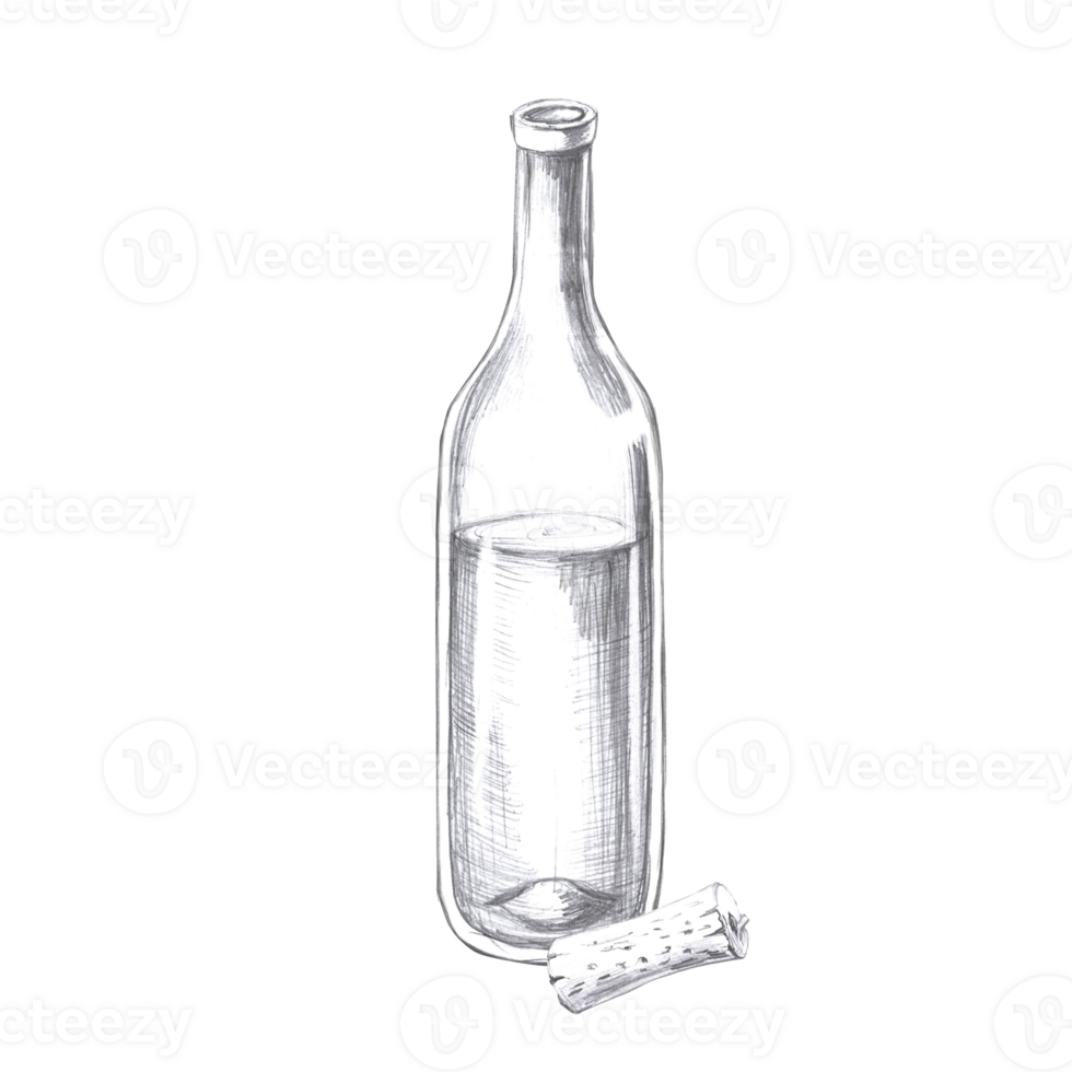 Wine bottle and cork in pencil. Isolated illustration for bar card design, restaurant menu, cookbooks, posters png