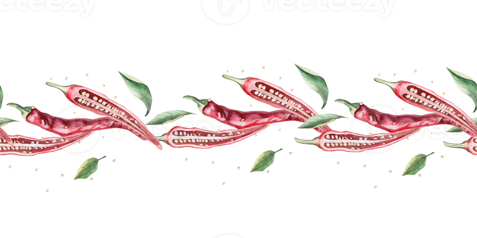 Seamless border with peppers sliced lengthwise. Hand drawn isolated watercolor illustration of vegetables for tableware design, posters, cookbook illustration, tablecloth print png