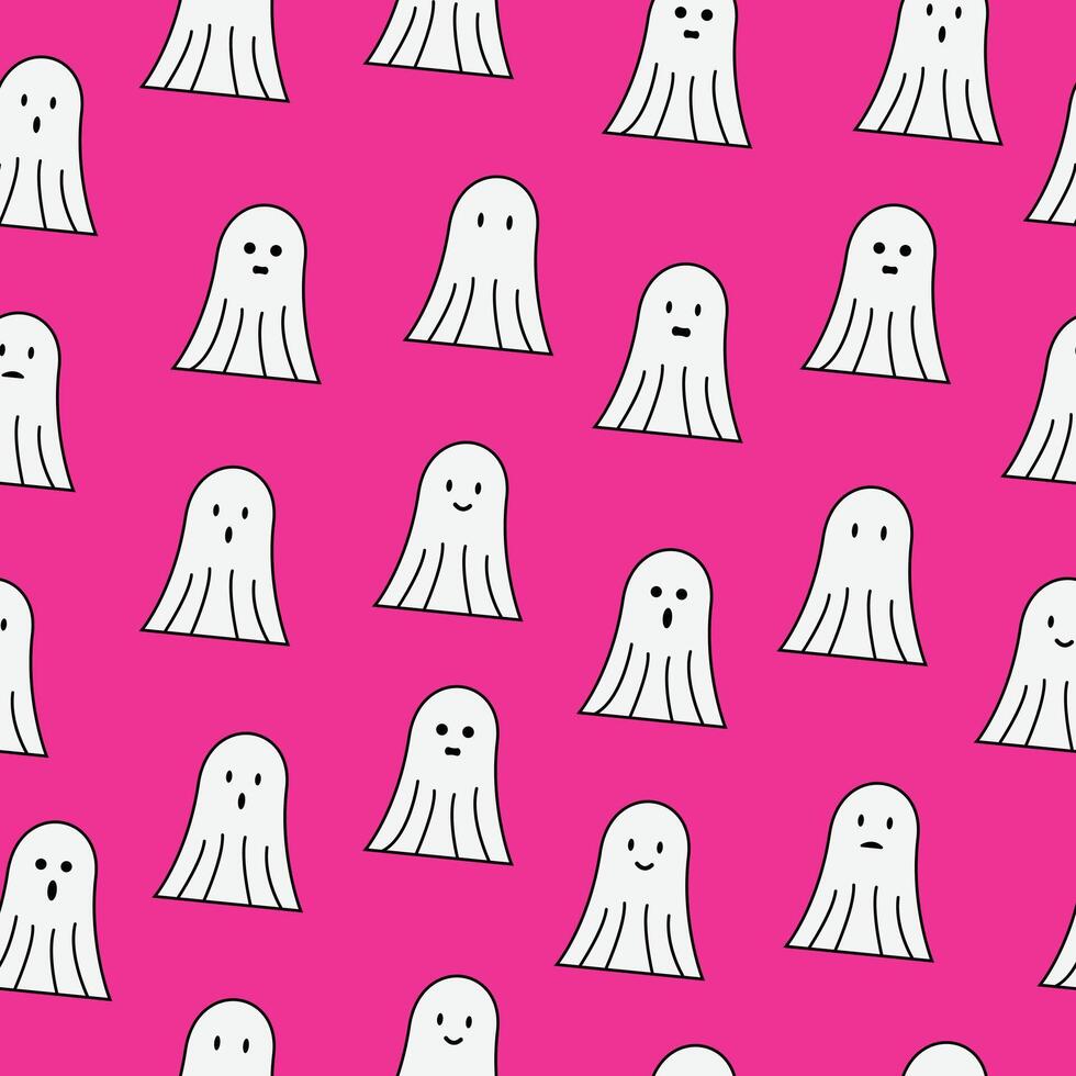 Ghost doodle seamless pattern background with different face expressions, smile, sad, disappointed, happy, laughing, surprised. vector