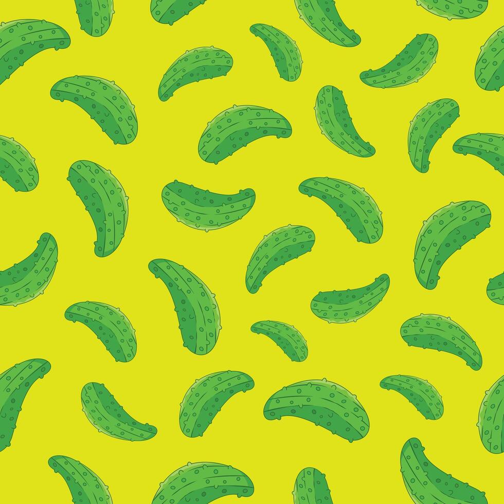 Green cucumber seamless pattern background. Green cucumber wallpaper, pickle seamless motif on yellow background vector