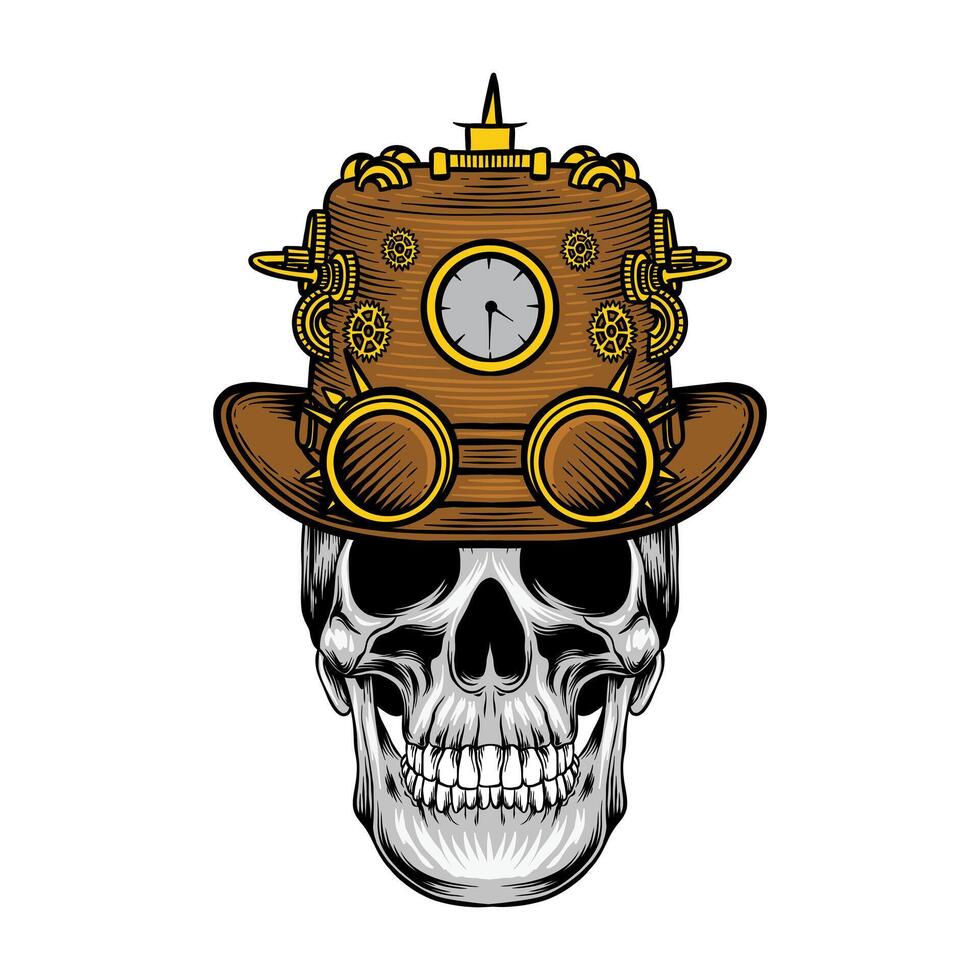 illustration of a skull head wearing a steampunk style hat vector