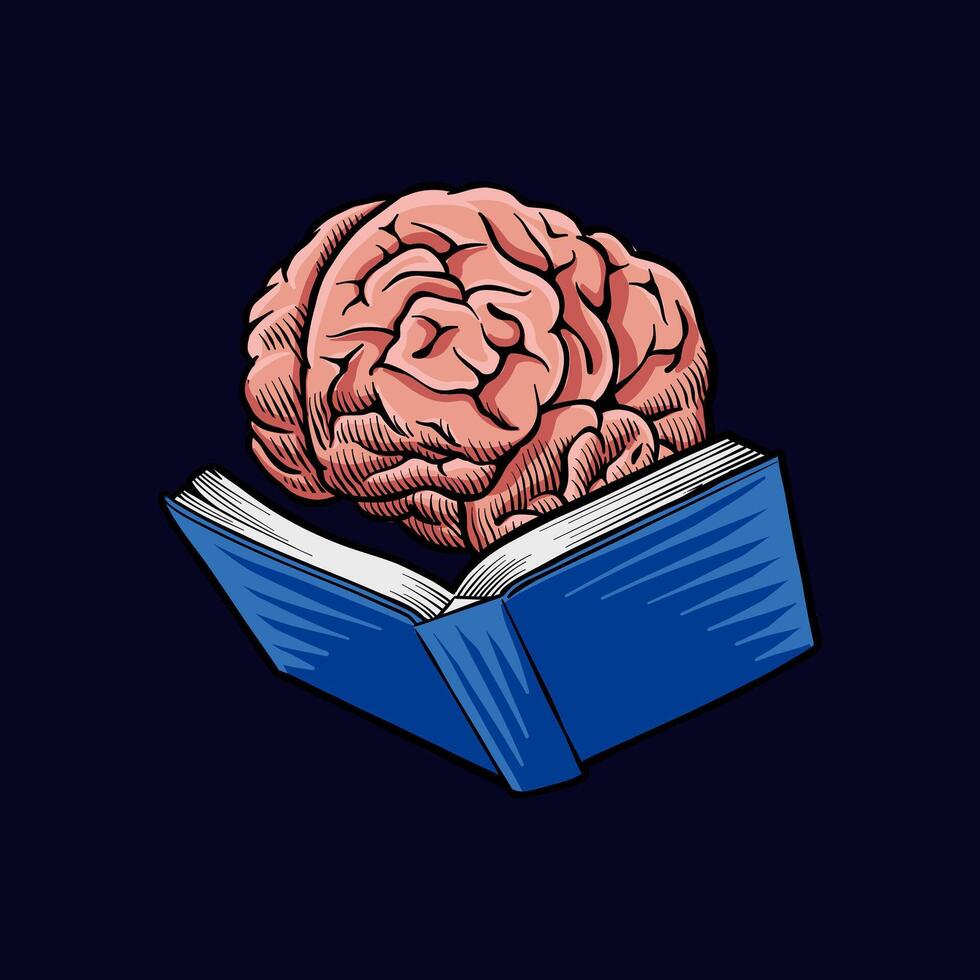 colored illustration of a brain reading a book vector