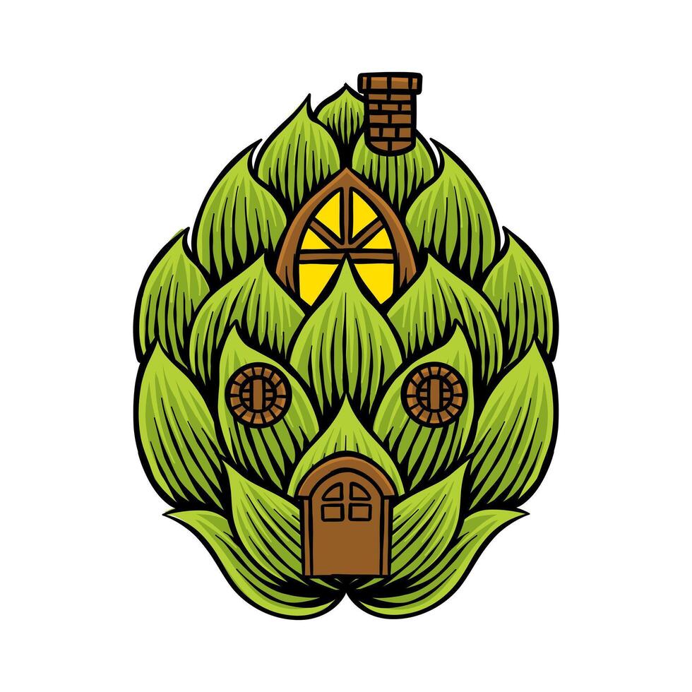 colored illustration of green hops combined with a dwarf's house vector
