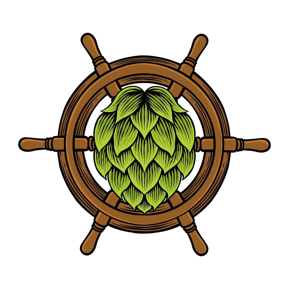 illustration of green hops combined with a ship's rudder vector