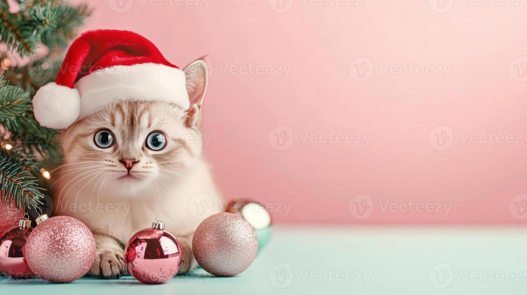 A cute pastel Christmas cat wearing a Santa hat, playing with ornaments under the tree, leaving space for text photo