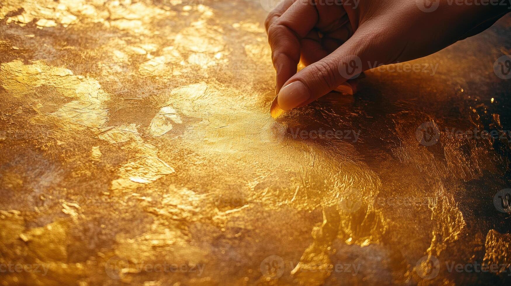 Gold leaf gently applied to a surface by hand, showing craftsmanship and care, gold leafing, artisanal detail, ample copy space photo