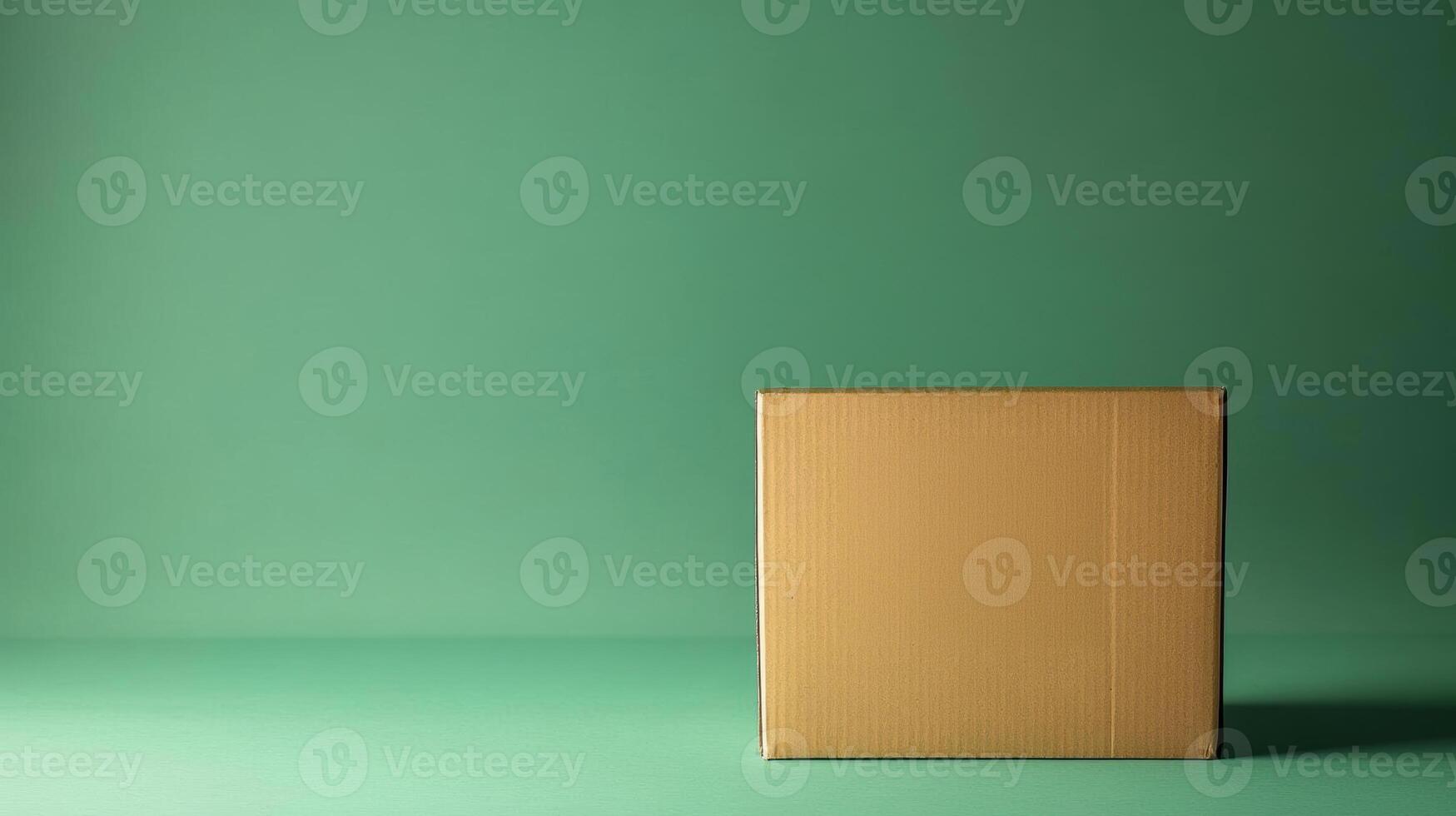 Cardboard box on green background, minimalistic setup photo