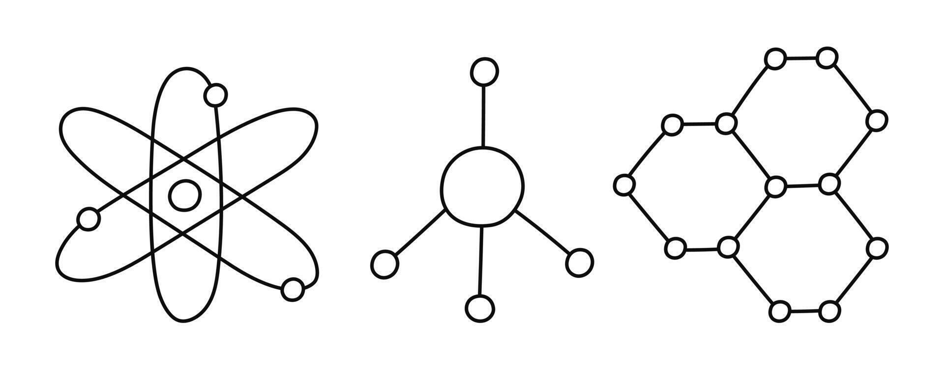 Cute outline set with chemistry molecule and atom structure. Hand drawn chemical formula as sign of science, medicine, technology, biology. Scientific molecular model clipart isolated on background. vector