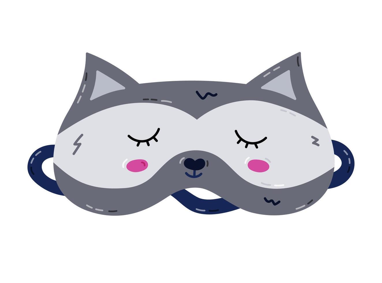 Cute cartoon sleeping mask in the shape of raccoon head. Funny childish animal eye mask with resting raccoon. Hand drawn bedtime accessory for comfort dreaming isolated on white background. vector