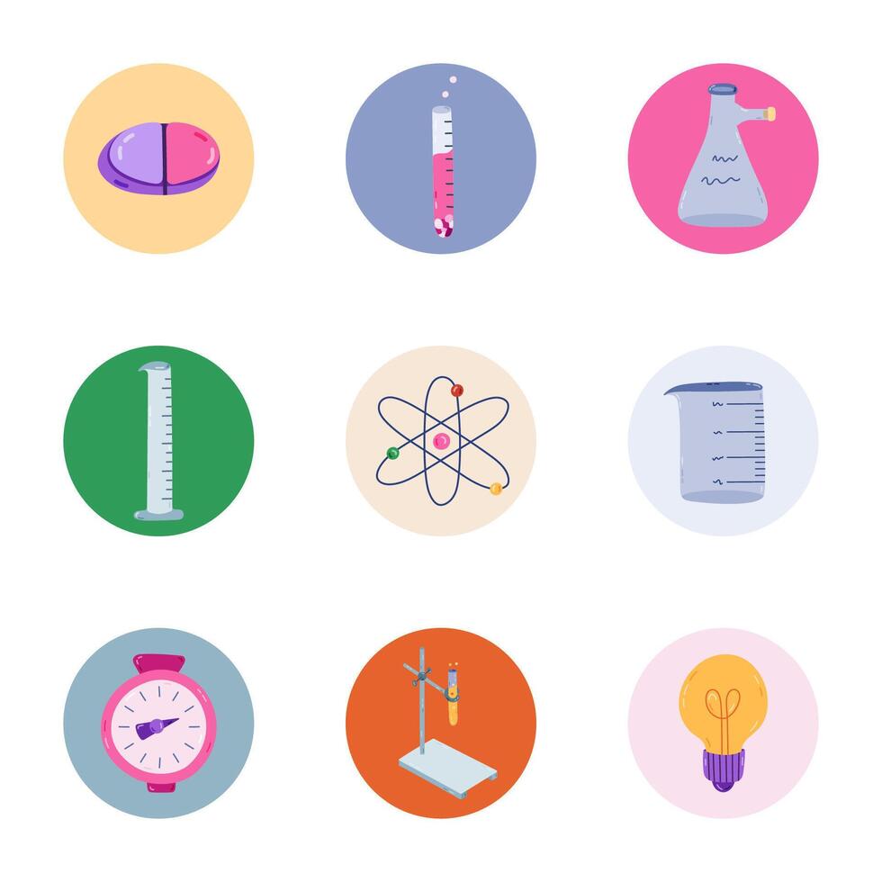 Set of cute round highlights with chemistry and science cartoon clipart. Cover for different social media, blogs, business, branding. Icon pack for stories with bright laboratory illustrations. vector