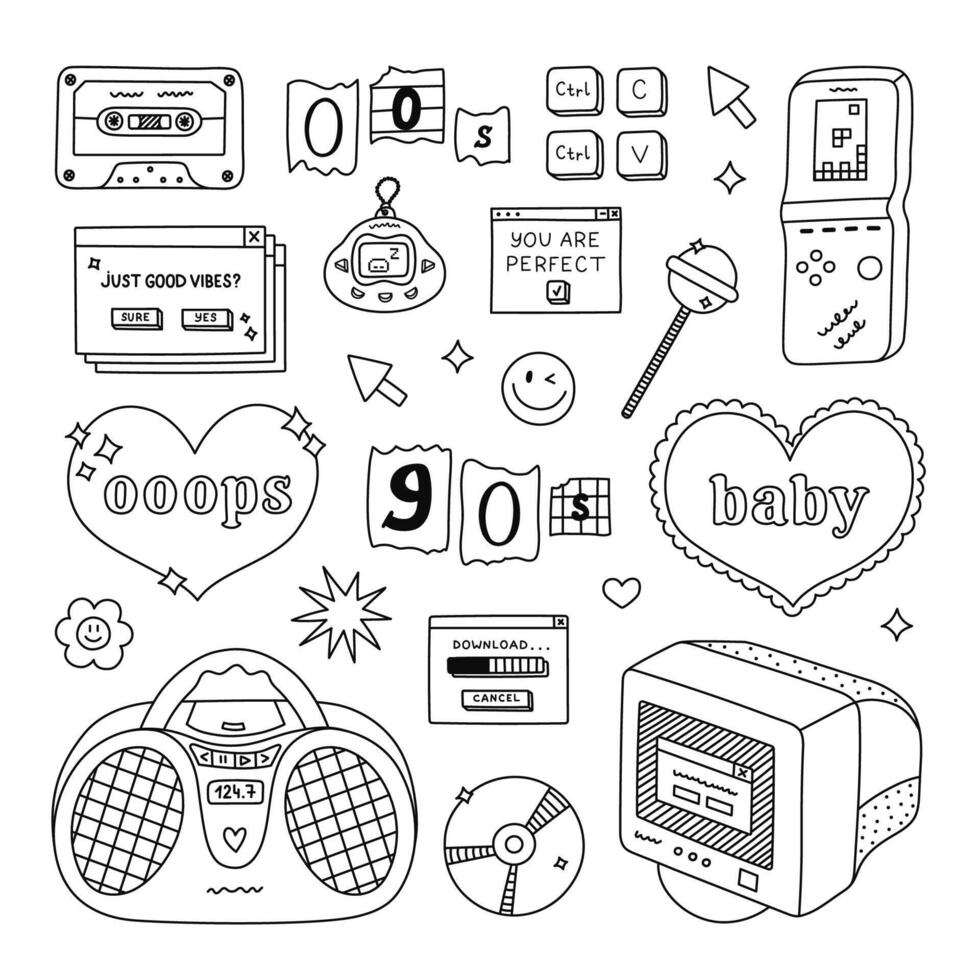 Cute doodle hand drawn Y2k set with symbols from 90s, 00s. Retro outline aesthetic clipart of vintage radio, electronic toy, Oops heart, old PC, cassette tape, yin yang. Nostalgia for 1990s vibe. vector