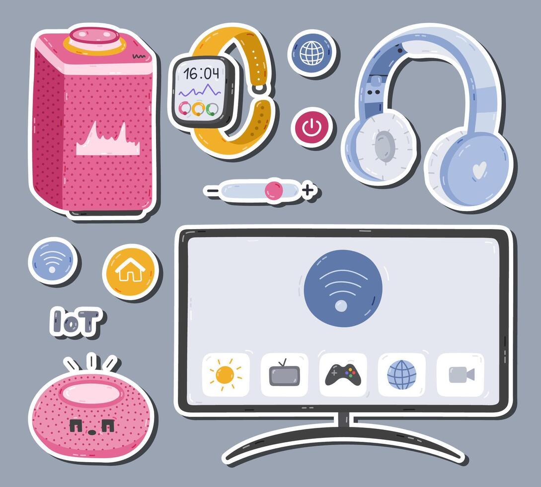 Cute set of stickers with entertainment smart home devices phone for planners, notebooks. Ready for print list of cartoon stickers. Intelligence machine to get multimedia controlling via mobile. vector