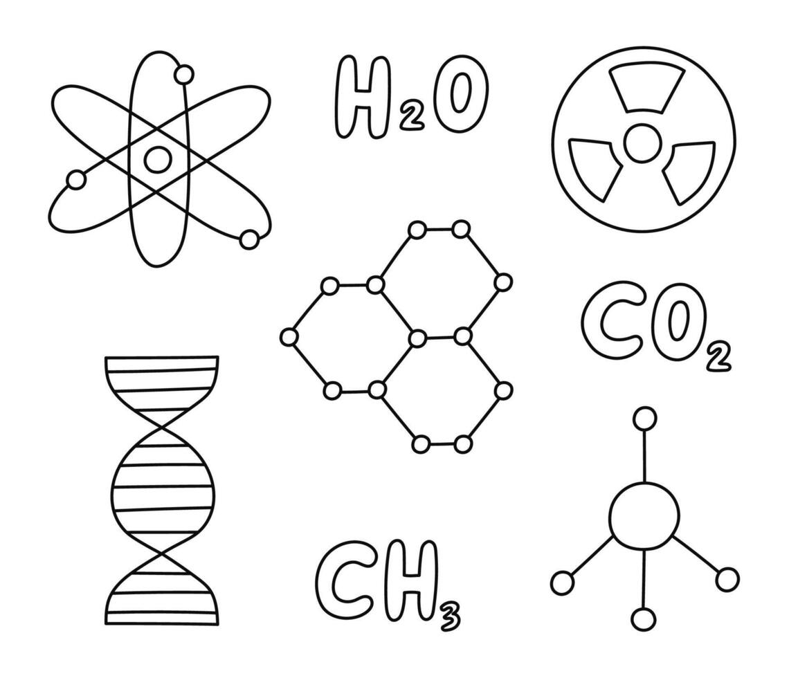 Cute doodle set with chemistry symbols. Molecule, atom, chemical formulas of H2O, CO2, CH2, DNA chromosome, nuclear radiation. Sign of science, medicine, biology with hand drawn outline. vector
