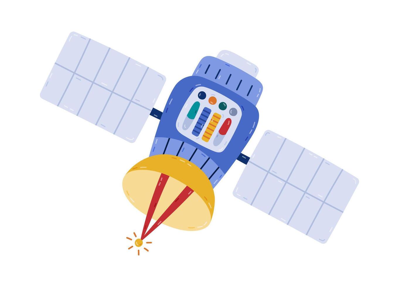 Cute cartoon satellite flying in outer space in childish style. Hand drawn space probe for transferring signal, data, information. Simple clipart of spacecraft isolated on white background. vector