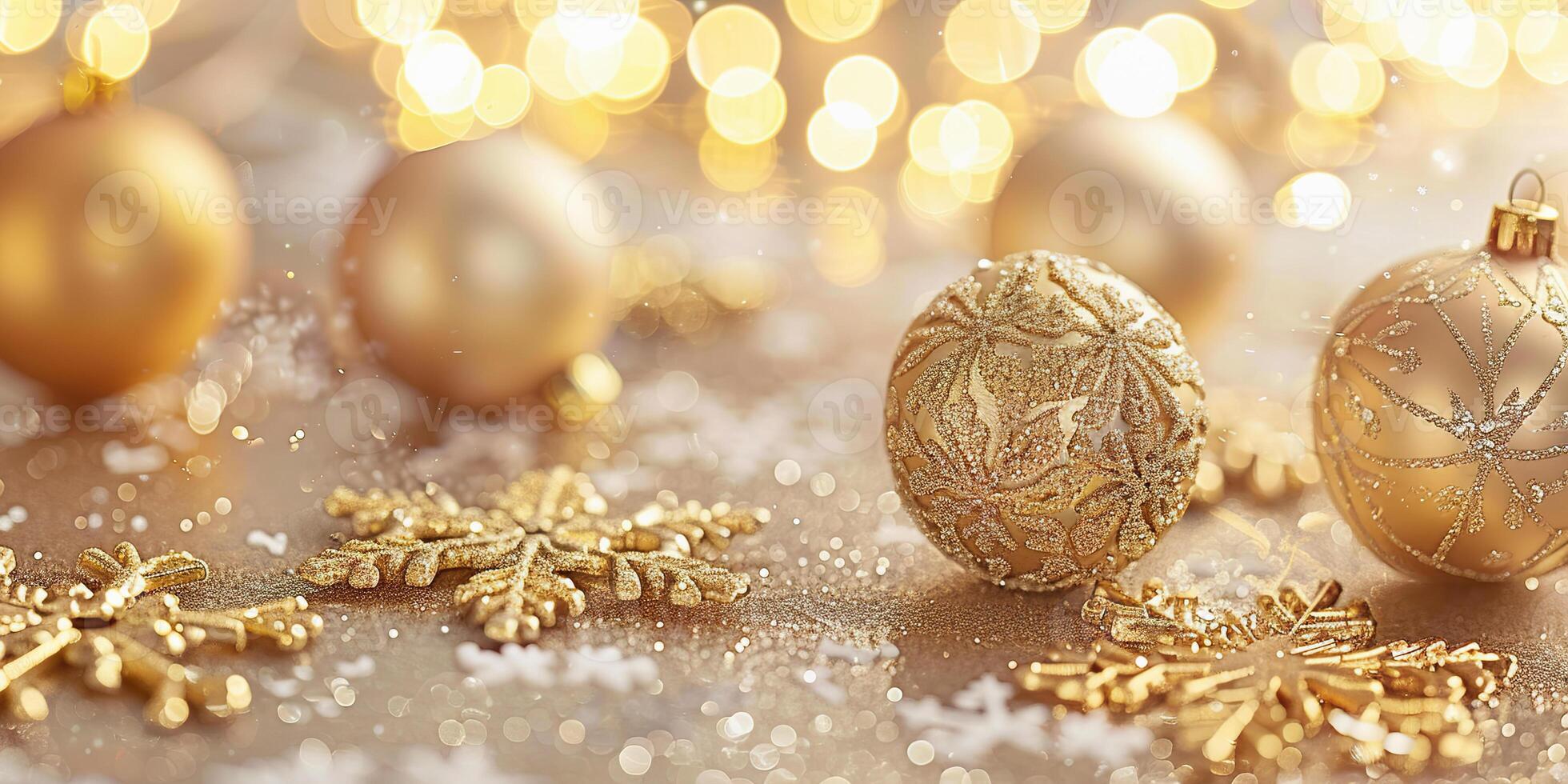 Golden Christmas Ornaments and Snowflakes with Festive Bokeh Background. photo