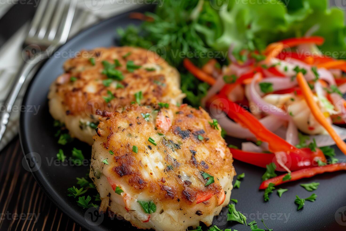 Delicious crab cakes topped with herbs accompanied by a vibrant fresh salad mix photo