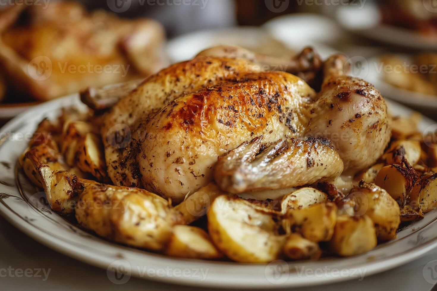 Deliciously roasted chicken served with crispy potatoes on a cozy dining table setting. photo