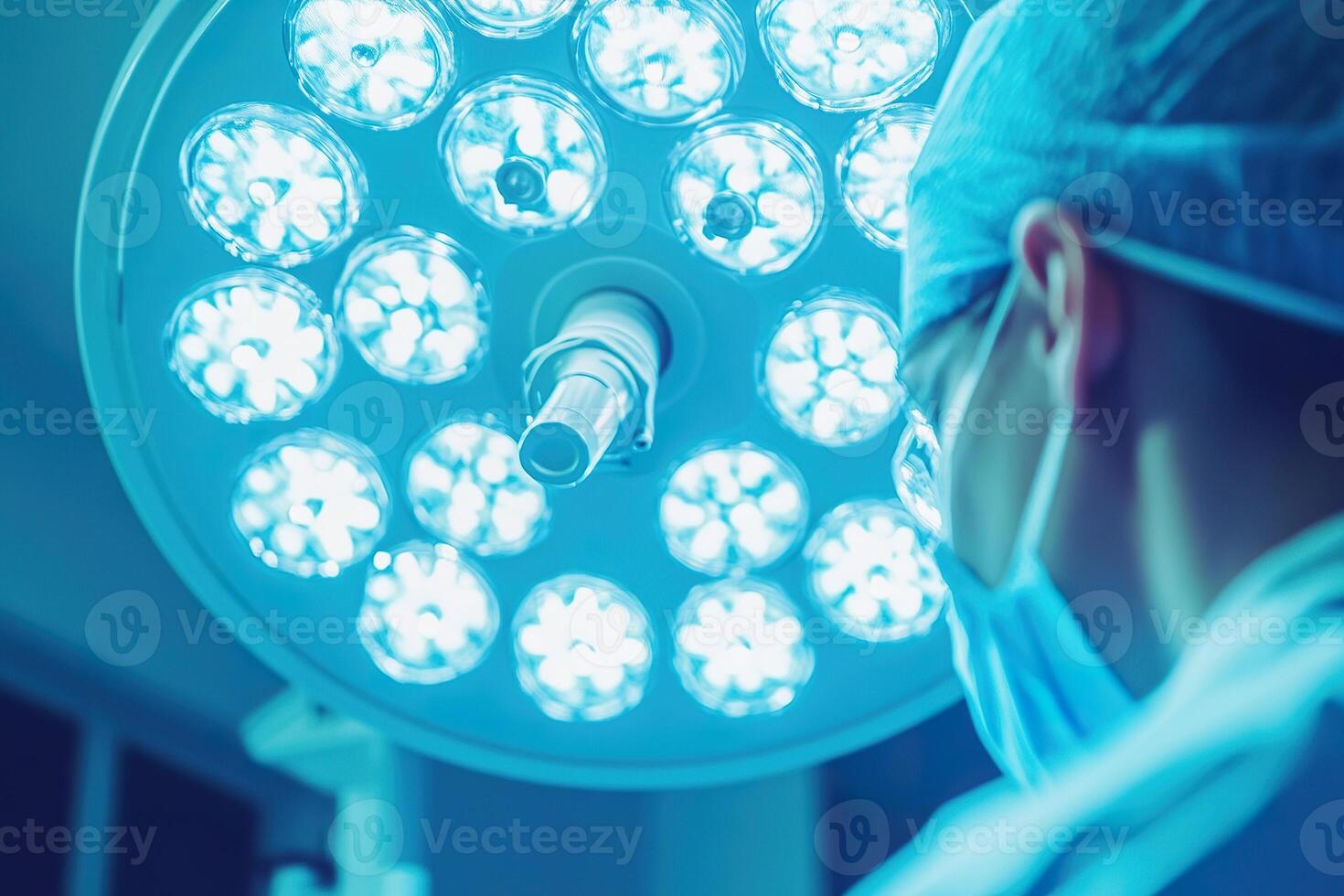 Surgeon Under Bright Surgical Lights in Operating Room Setting. photo