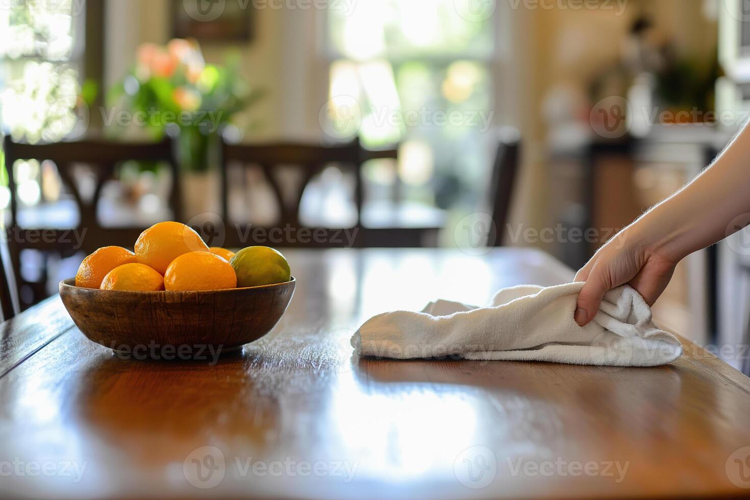 A person wipes down a wooden table in a tidy dining room filled with fresh fruit photo