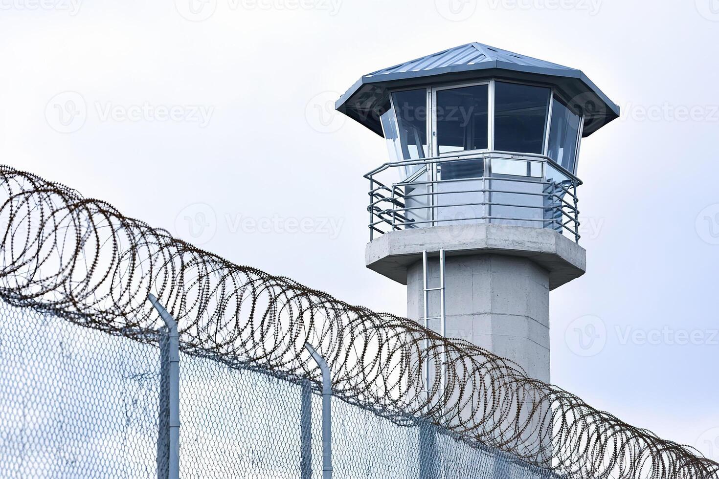 watchtower stands guard over a secure prison surrounded by barbed wire fencing against the sky. photo