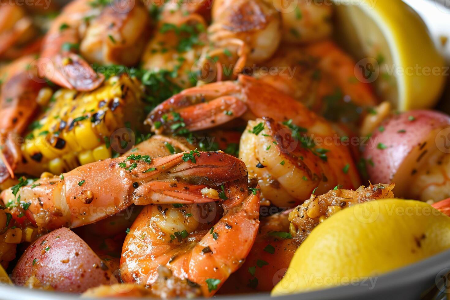 Delicious shrimp boil with spices, corn and lemon. photo