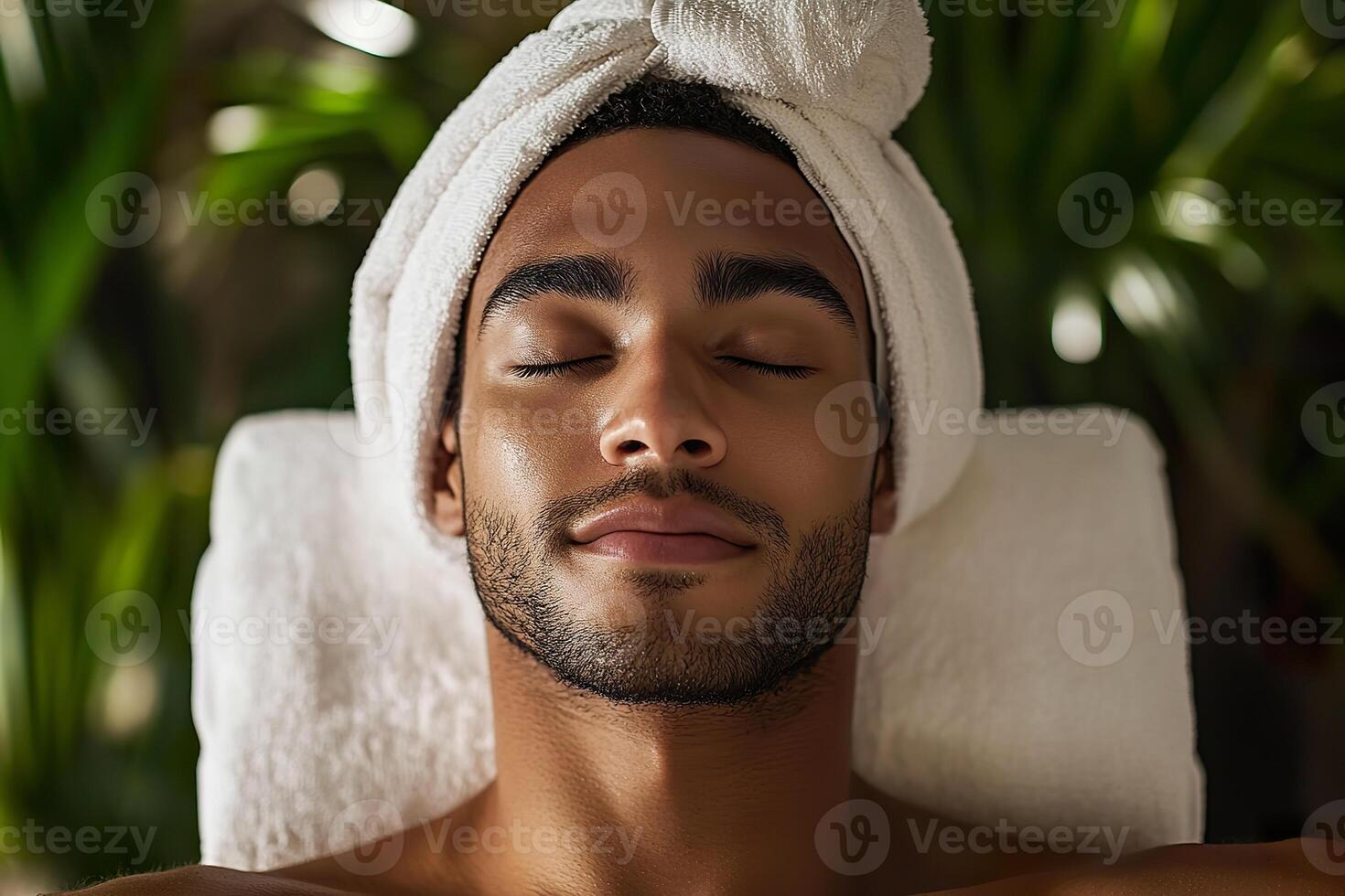 Multiracial man receiving facial treatment in a tranquil spa setting surrounded by greenery photo