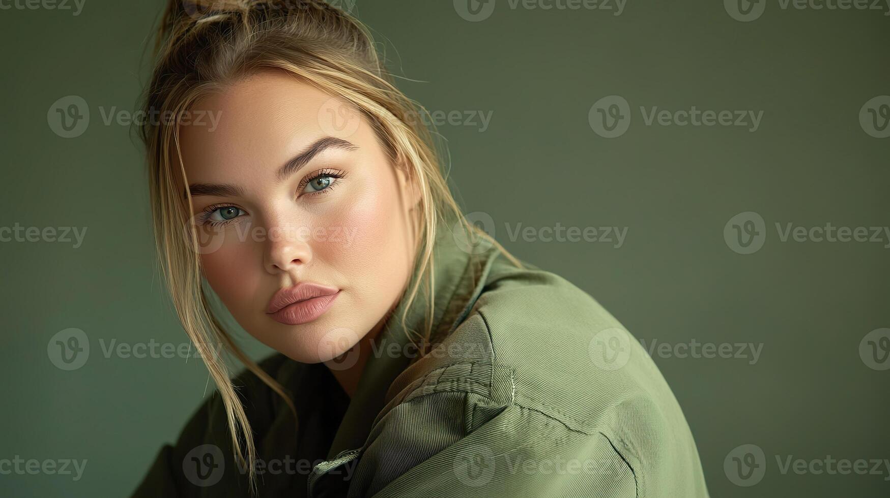A confident plus sized model poses gracefully against a soft green backdrop in natural light. photo