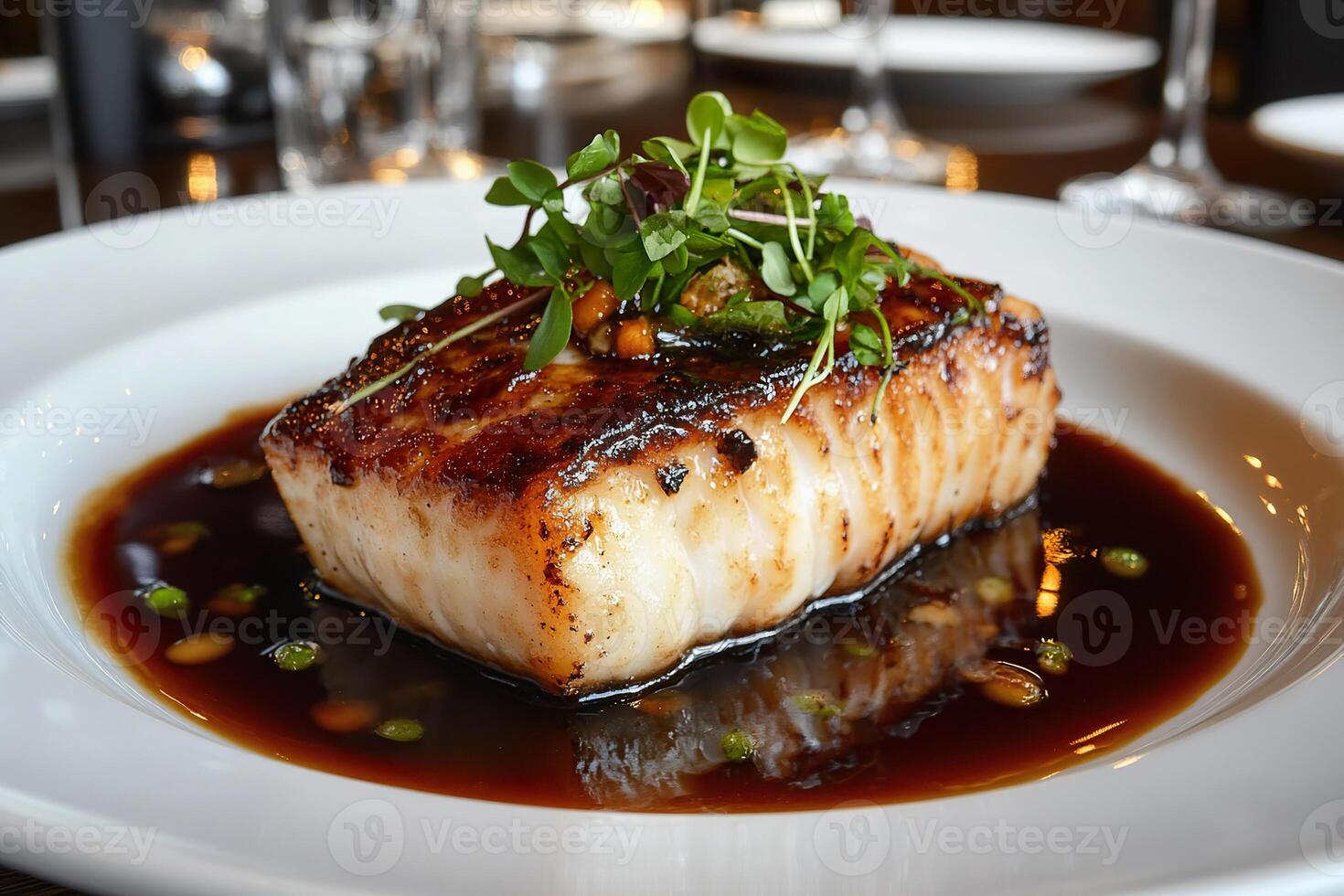 Deliciously plated miso glazed black cod garnished with fresh herbs at an elegant dining setting photo