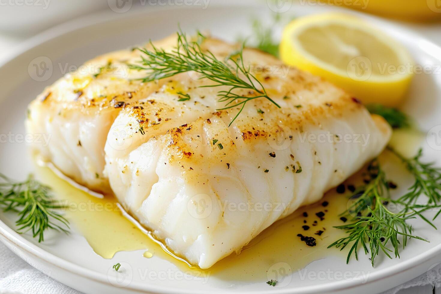 Delicious baked cod with lemon and herbs served on plate. photo